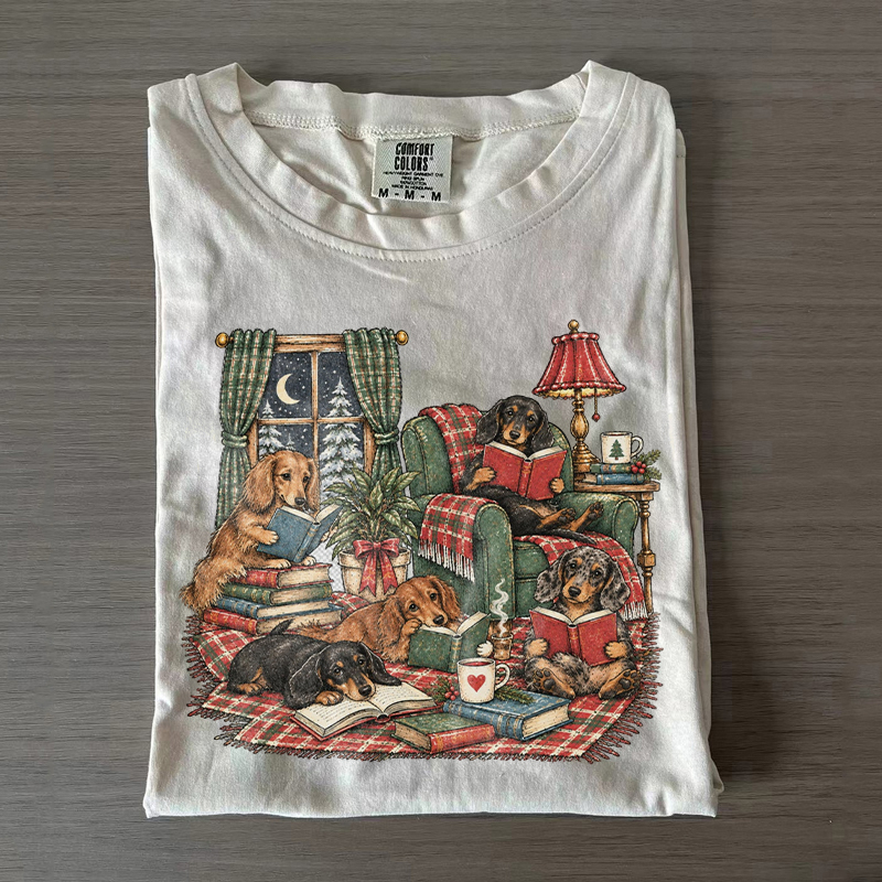 Reading Books Christmas Dachshund Dog T-shirt