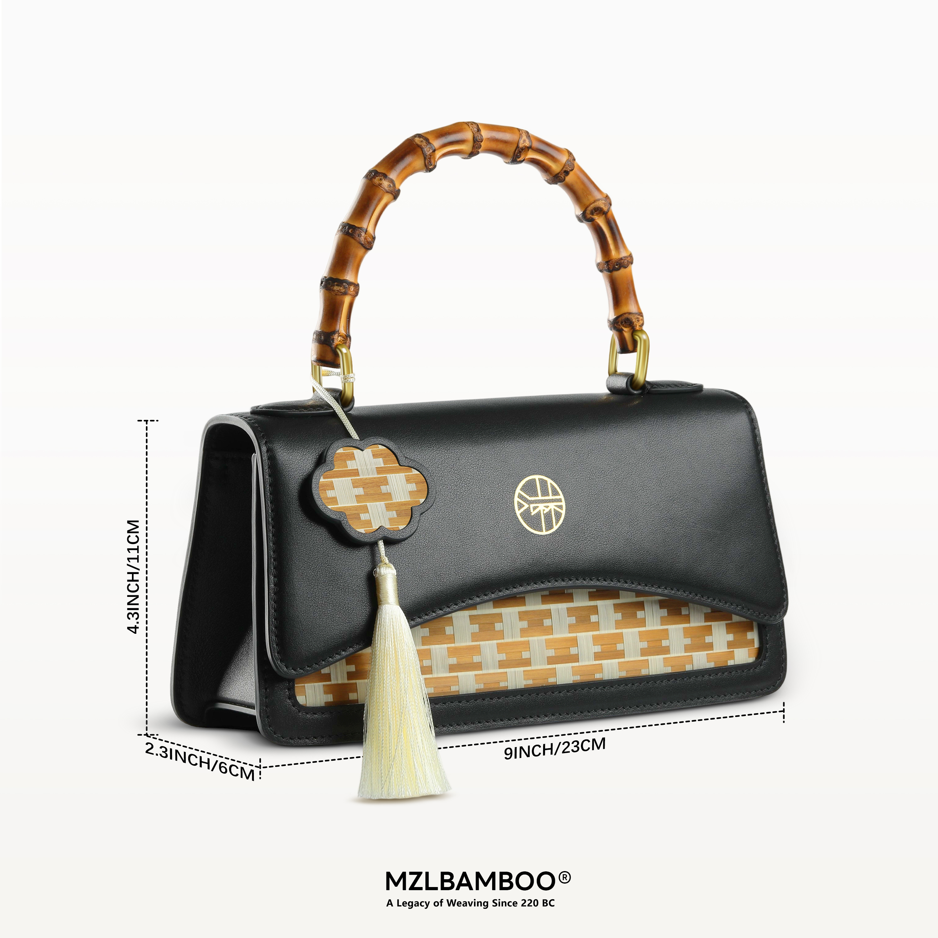 MZLBAMBOO Craftsmanship Series Bamboo Handle Women's Leather Bag Black Small