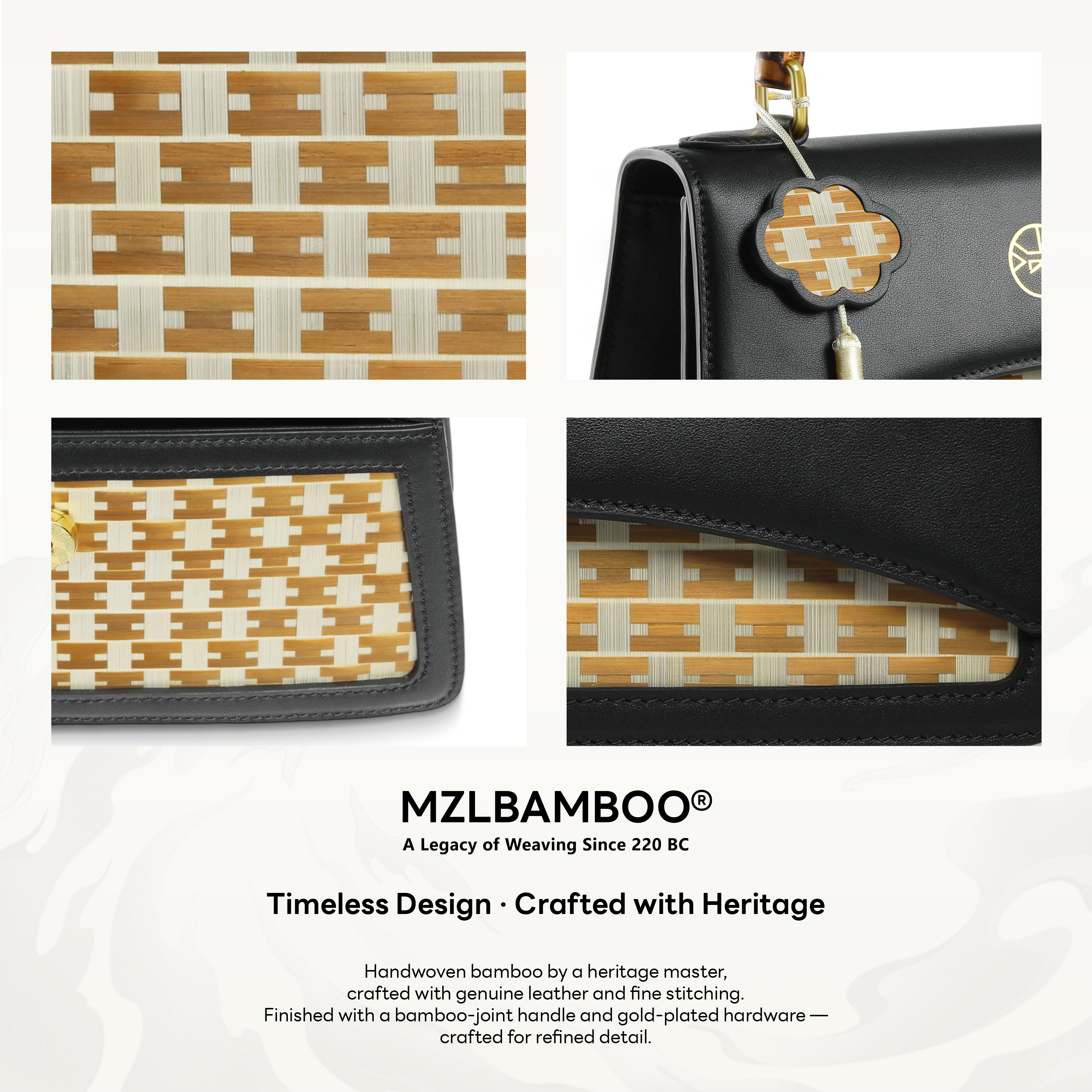 MZLBAMBOO Craftsmanship Series Bamboo Handle Women's Leather Bag Black Small