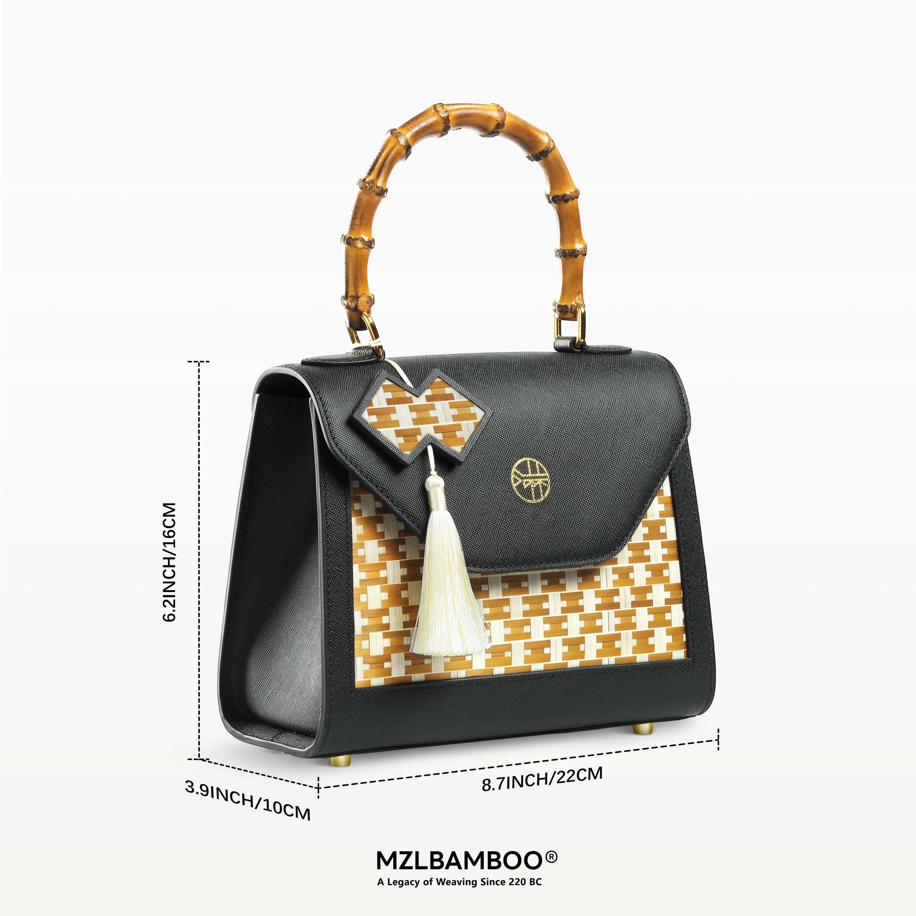 MZLBAMBOO Legacy Series Bamboo Handle Women's Leather Bag Black Large