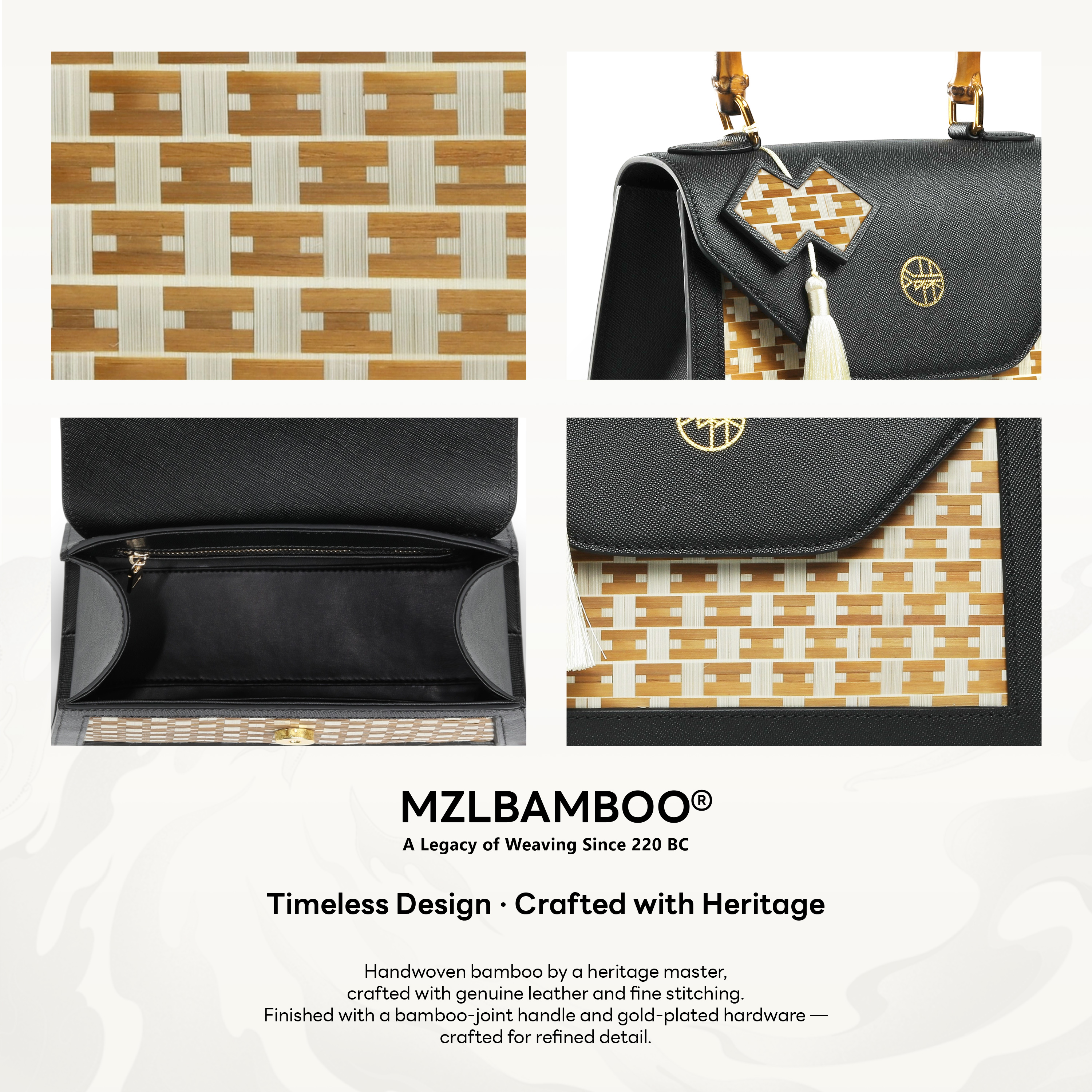 MZLBAMBOO Legacy Series Bamboo Handle Women's Leather Bag Black Large