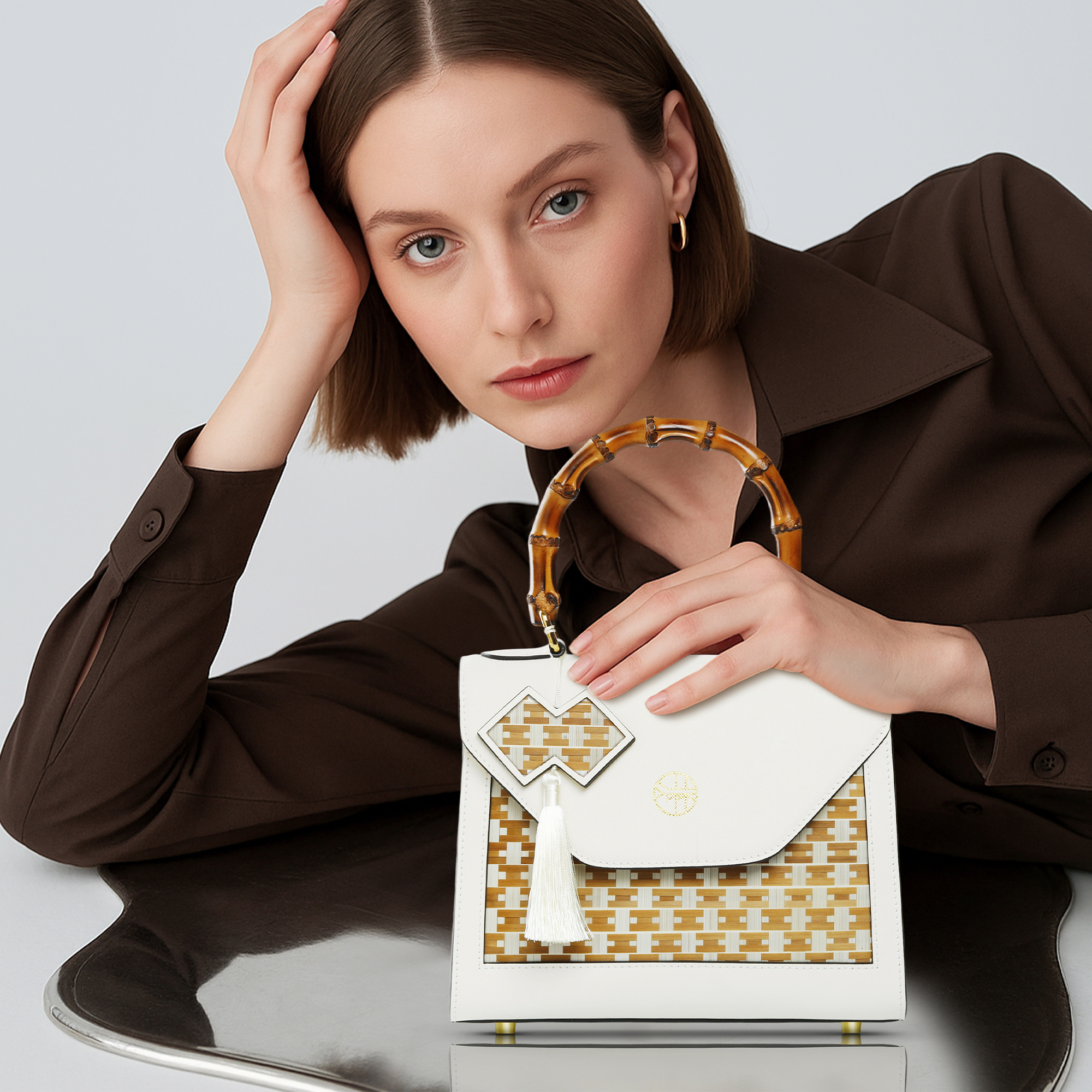 MZLBAMBOO Legacy Series Bamboo Handle Women's Leather Bag White Large