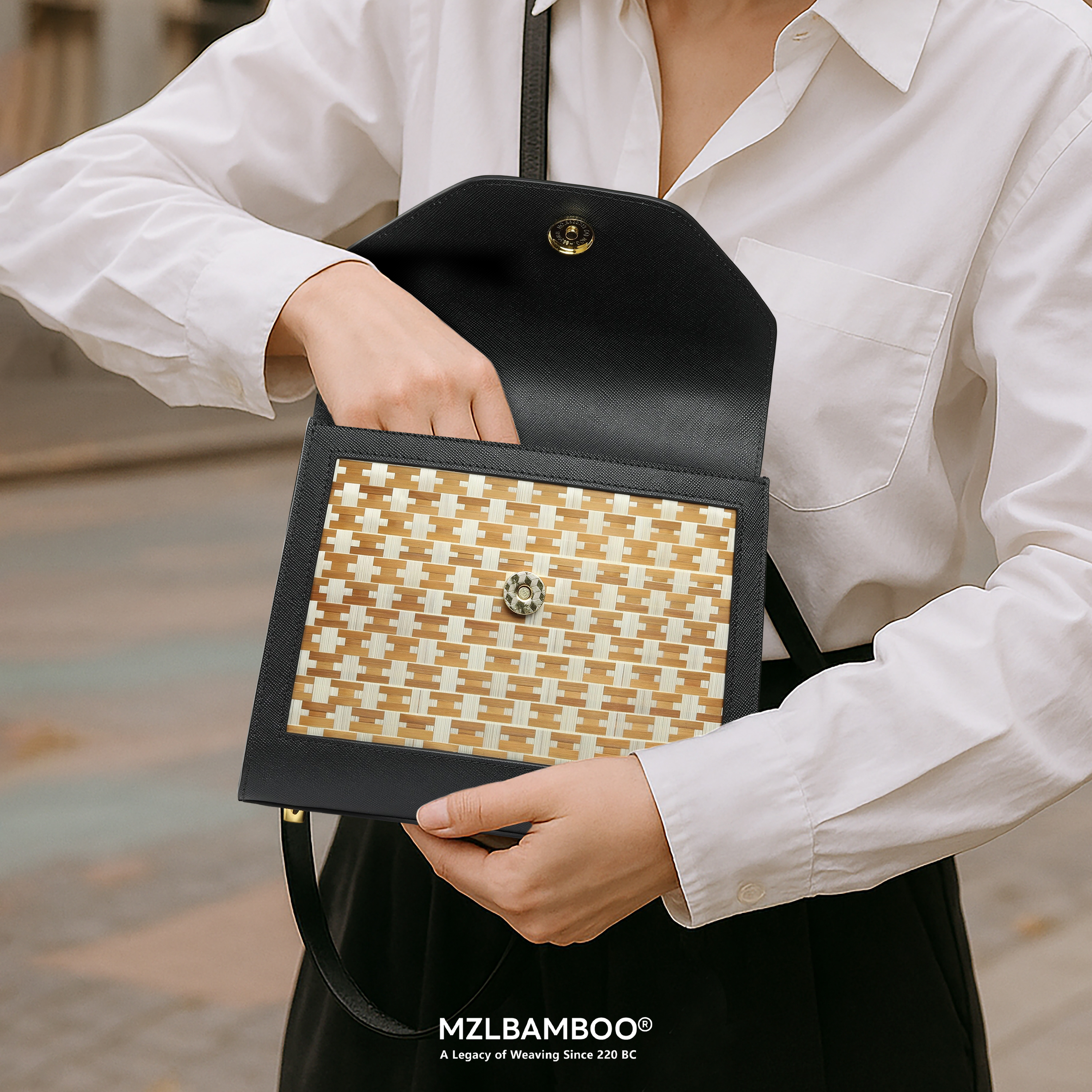 MZLBAMBOO Legacy Series Bamboo Handle Women's Leather Bag Black Large