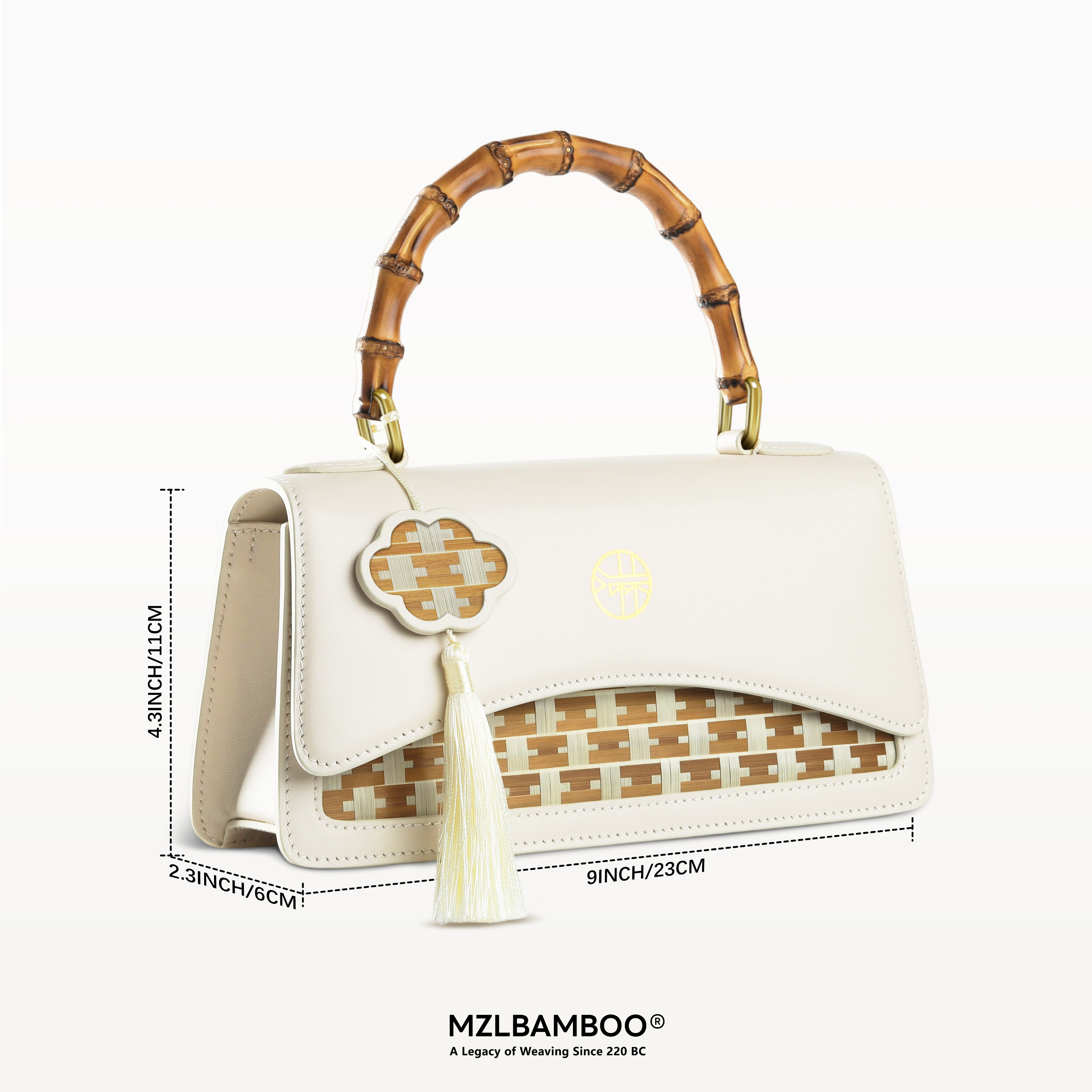 MZLBAMBOO Craftsmanship Series Bamboo Handle Women's Leather Bag White Small