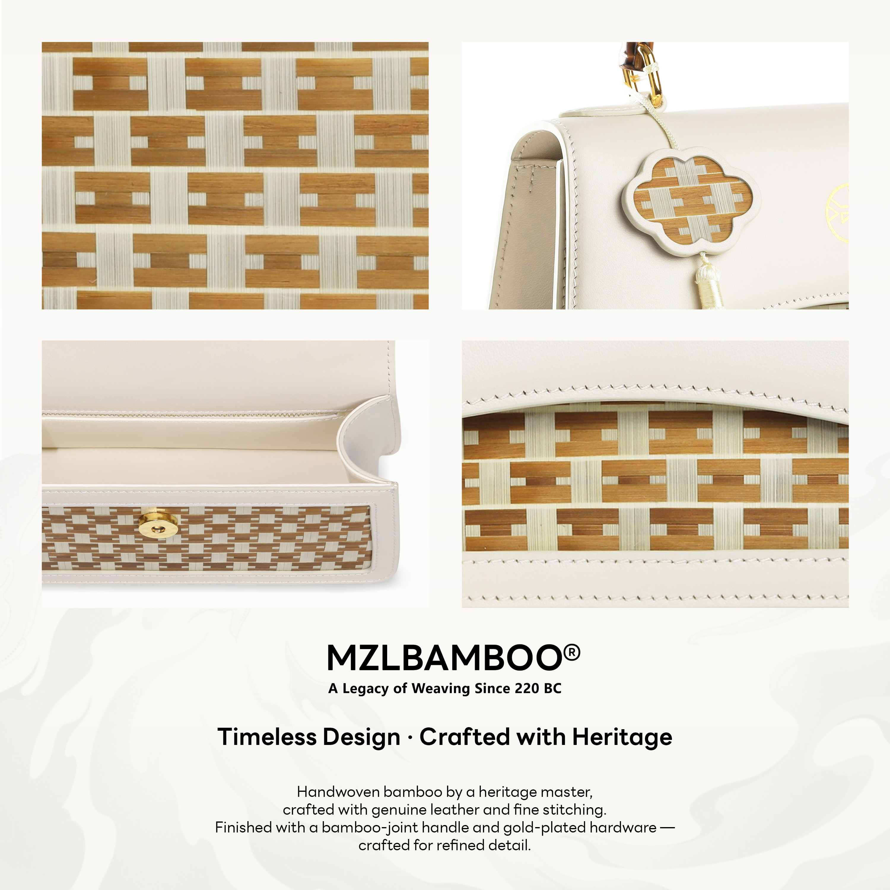 MZLBAMBOO Craftsmanship Series Bamboo Handle Women's Leather Bag White Small