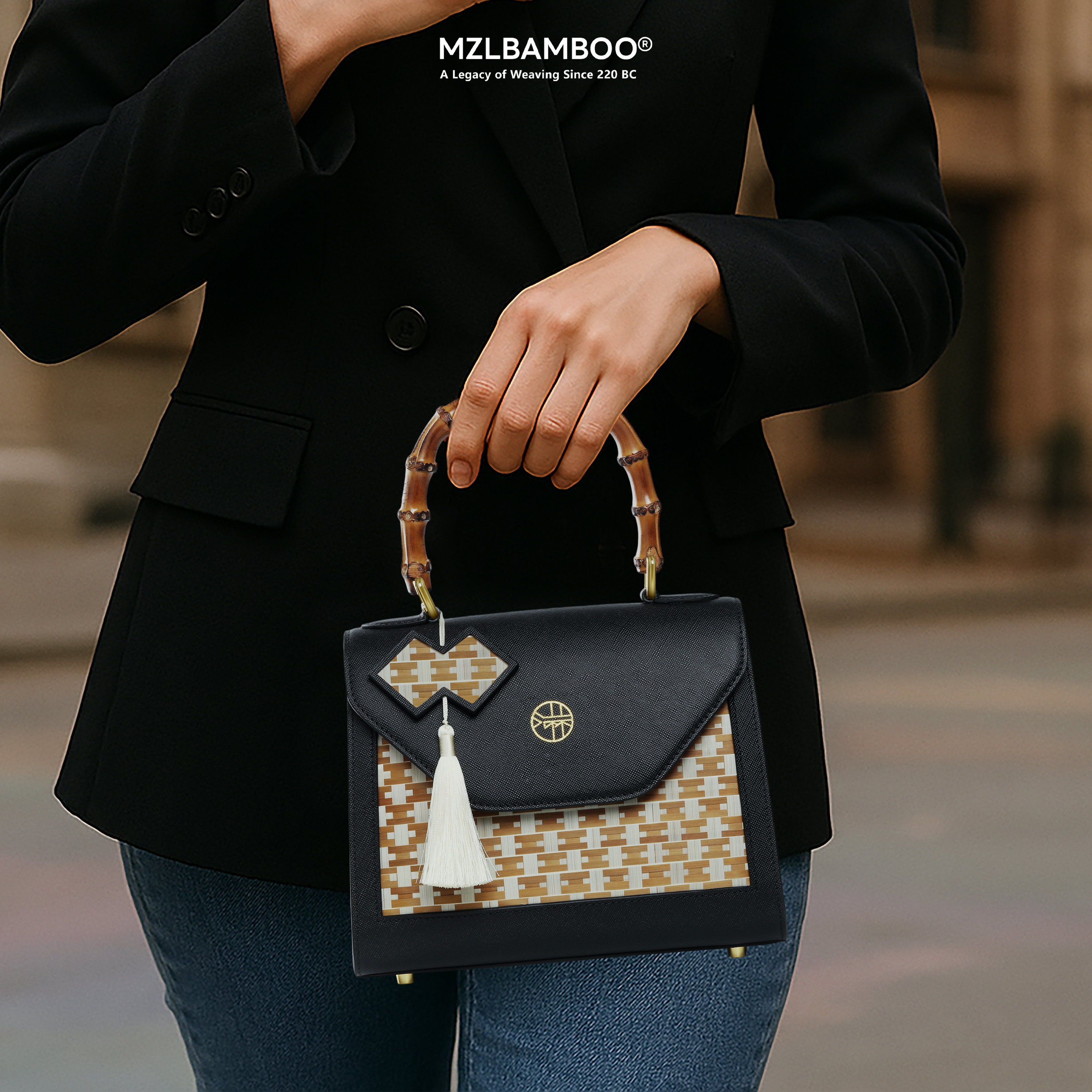 MZLBAMBOO Legacy Series Bamboo Handle Women's Leather Bag Black Large