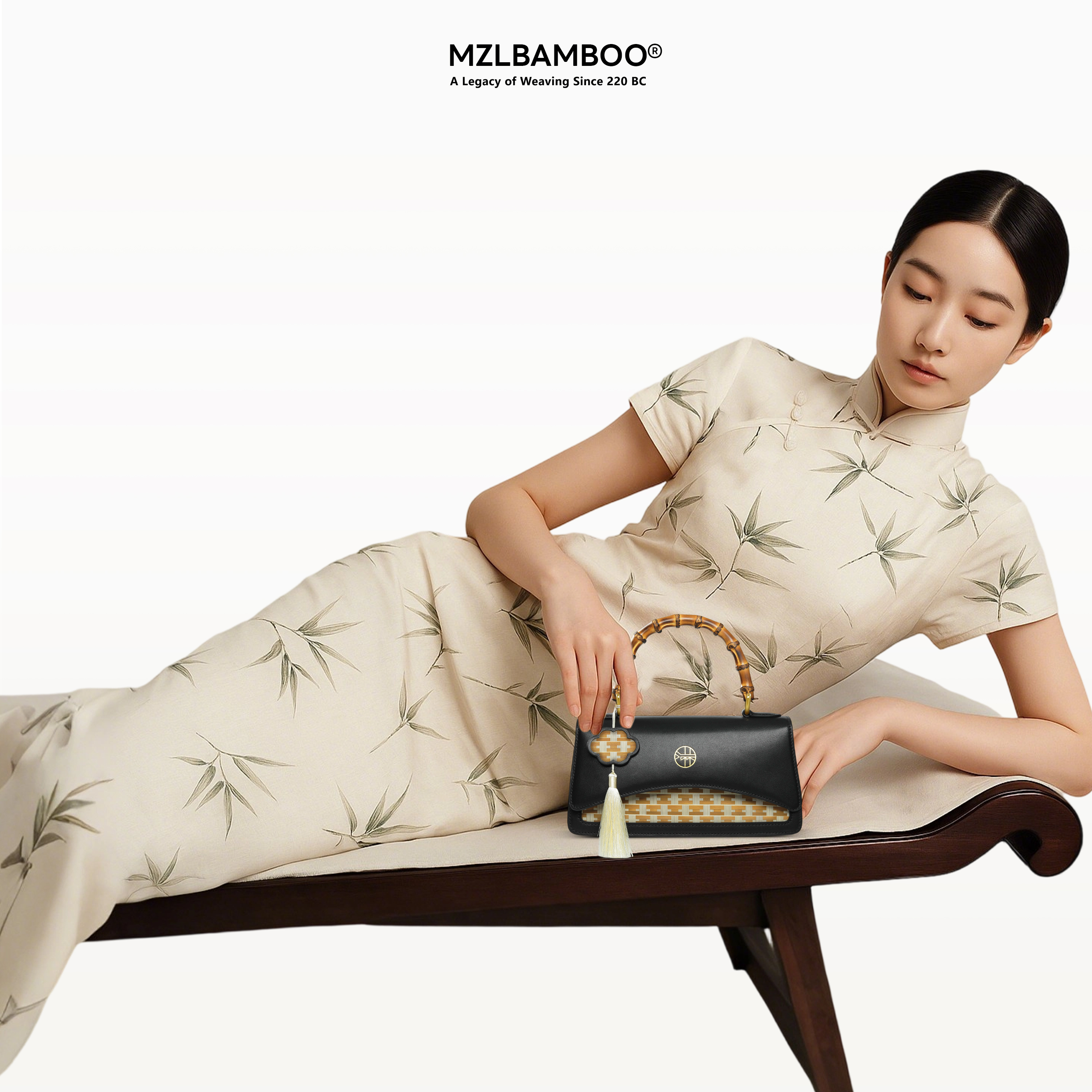 MZLBAMBOO Craftsmanship Series Bamboo Handle Women's Leather Bag Black Small