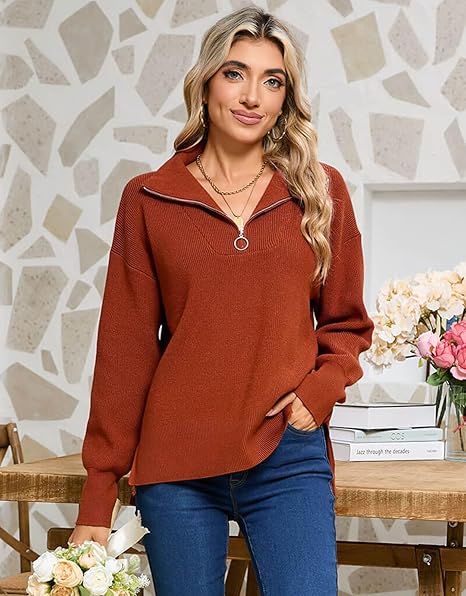 Women's Zippered Long Sleeve Pullover Sweater