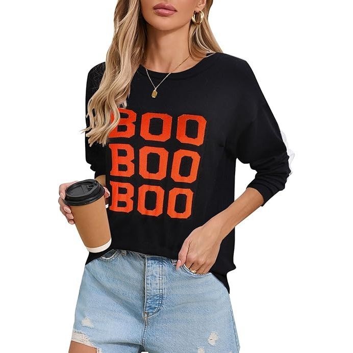 Women's Lettering Lightweight Knit Long Sleeve Round Pullover Sweater