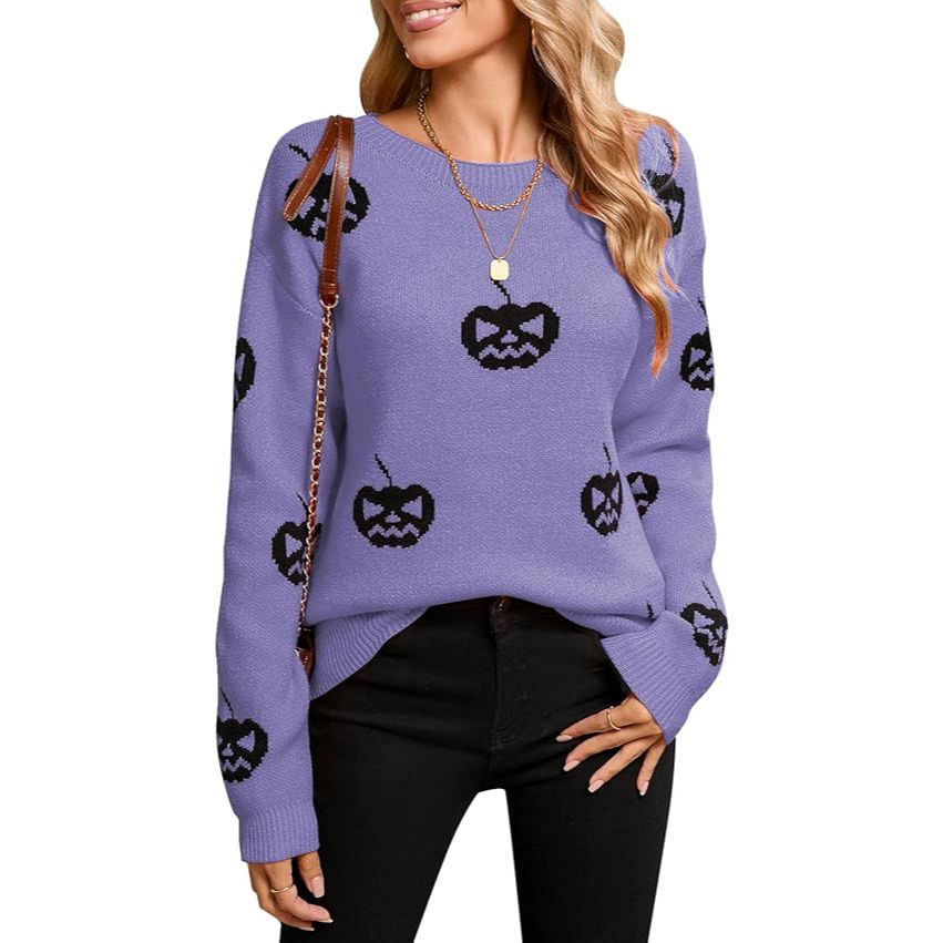 Women's Pumpkin Head Long Sleeve Crew Neck Pullover Sweater