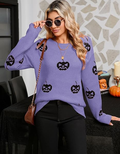 Women's Pumpkin Head Long Sleeve Crew Neck Pullover Sweater