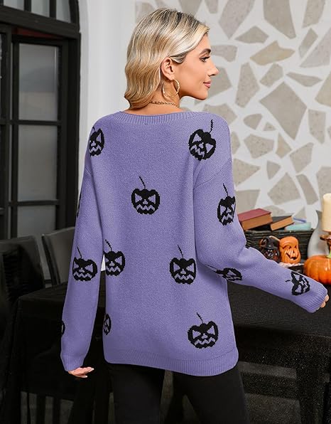 Women's Pumpkin Head Long Sleeve Crew Neck Pullover Sweater