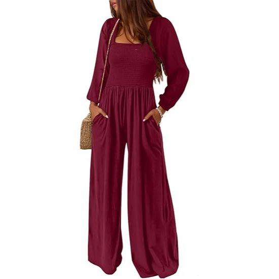 Women's casual square neck long sleeve loose pleated wide leg jumpsuit