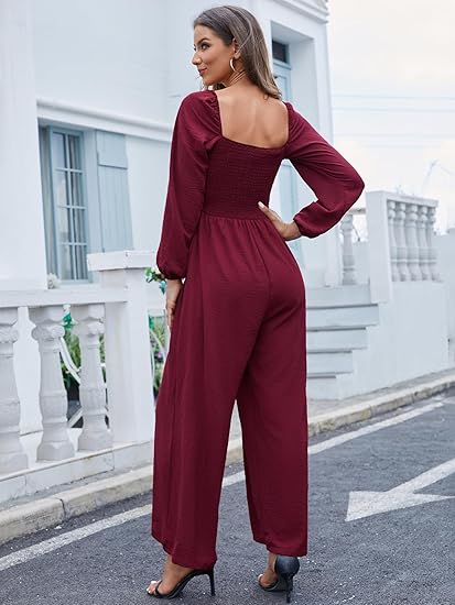 Women's casual square neck long sleeve loose pleated wide leg jumpsuit