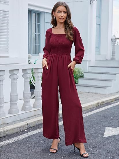 Women's casual square neck long sleeve loose pleated wide leg jumpsuit
