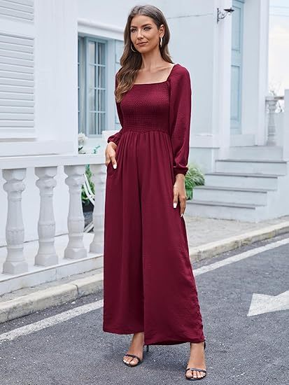 Women's casual square neck long sleeve loose pleated wide leg jumpsuit