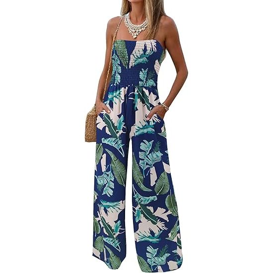 Women's printed loose off-shoulder pleated sleeveless wide-leg jumpsuit