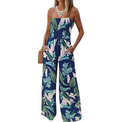 Women's printed loose off-shoulder pleated sleeveless wide-leg jumpsuit