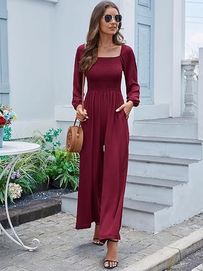 Women's casual square neck long sleeve loose pleated wide leg jumpsuit