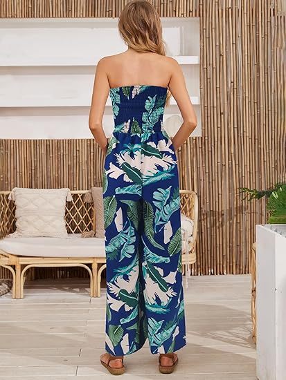 Women's printed loose off-shoulder pleated sleeveless wide-leg jumpsuit