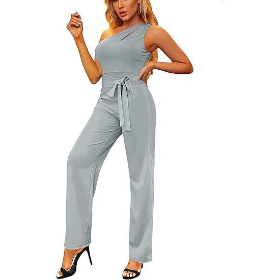 Women's one-shoulder hollow high-waist tie wide-leg jumpsuit