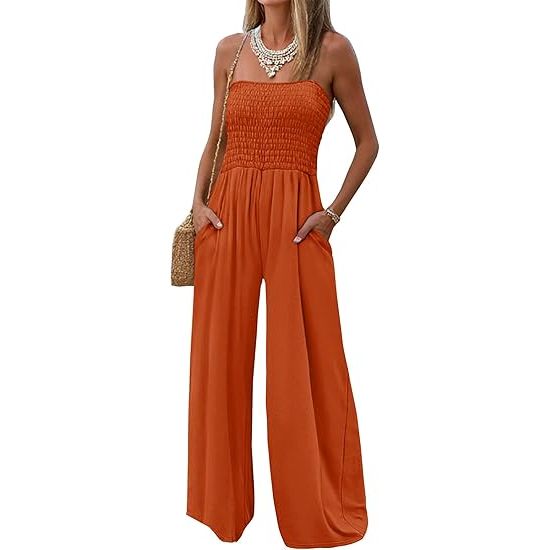 Women's loose off-the-shoulder pleated sleeveless wide-leg jumpsuit