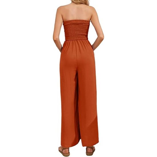 Women's loose off-the-shoulder pleated sleeveless wide-leg jumpsuit