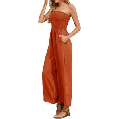 Women's loose off-the-shoulder pleated sleeveless wide-leg jumpsuit