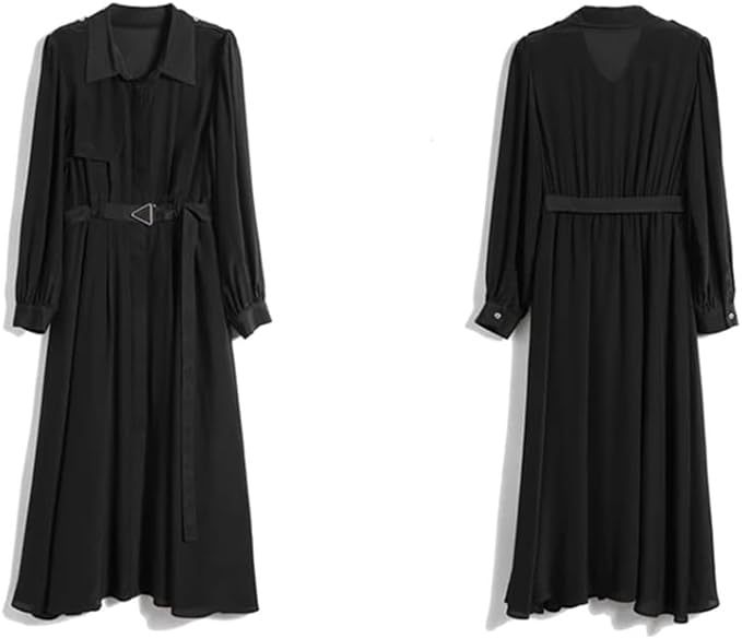 Robe à manches longues et revers simple boutonnage pour femme 100 % soie