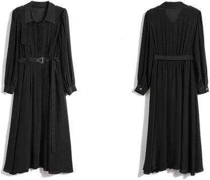 Robe à manches longues et revers simple boutonnage pour femme 100 % soie