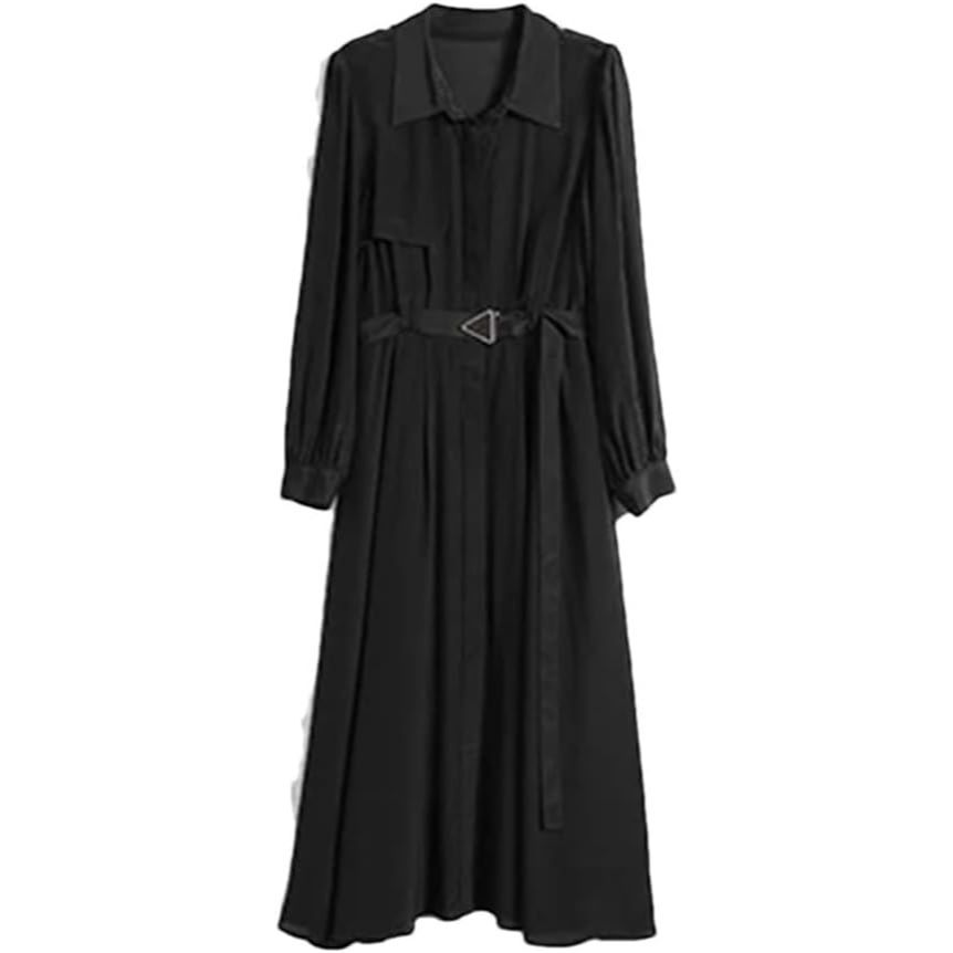 Robe à manches longues et revers simple boutonnage pour femme 100 % soie