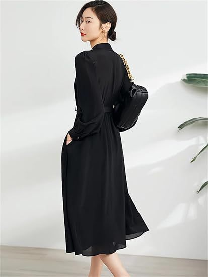 Robe à manches longues et revers simple boutonnage pour femme 100 % soie