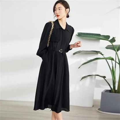 Robe à manches longues et revers simple boutonnage pour femme 100 % soie