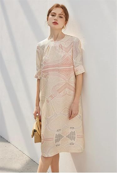 Robe décontractée à manches courtes et col en V pour femme en sergé de soie 100 % imprimé