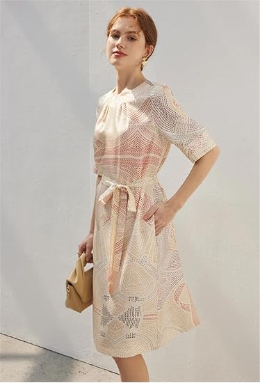 Robe décontractée à manches courtes et col en V pour femme en sergé de soie 100 % imprimé