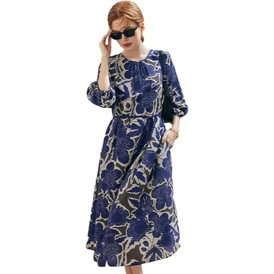 Robe décontractée en soie imprimée à manches mi-longues et col rond pour femme