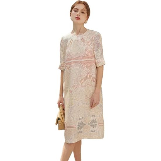 Robe décontractée à manches courtes et col en V pour femme en sergé de soie 100 % imprimé