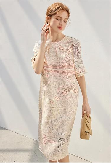 Robe décontractée à manches courtes et col en V pour femme en sergé de soie 100 % imprimé