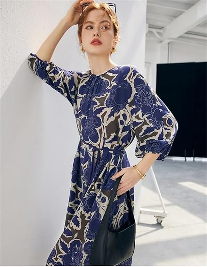 Robe décontractée en soie imprimée à manches mi-longues et col rond pour femme
