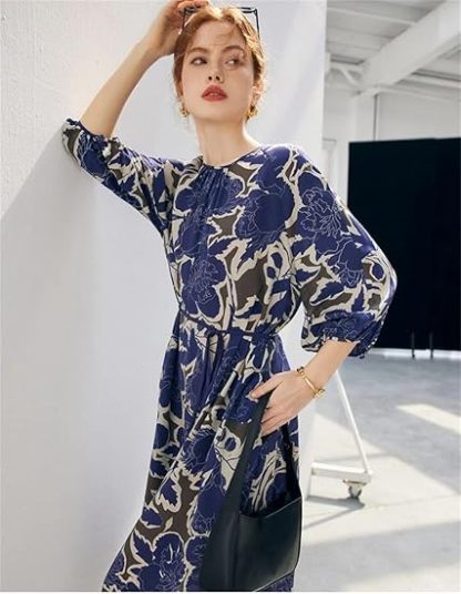 Robe décontractée en soie imprimée à manches mi-longues et col rond pour femme