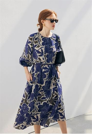 Robe décontractée en soie imprimée à manches mi-longues et col rond pour femme