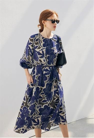 Robe décontractée en soie imprimée à manches mi-longues et col rond pour femme