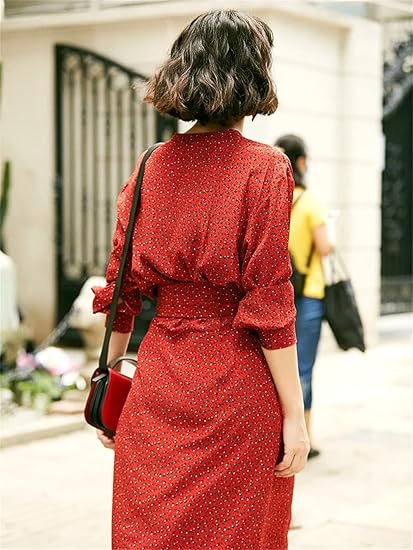 Robe décontractée à manches longues et col en V pour femme, 100 % soie, imprimée