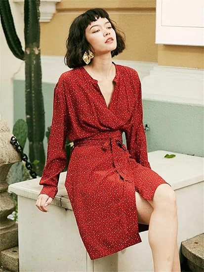 Robe décontractée à manches longues et col en V pour femme, 100 % soie, imprimée