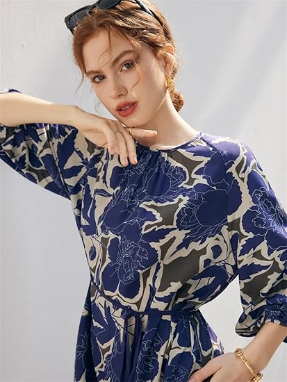Robe décontractée en soie imprimée à manches mi-longues et col rond pour femme