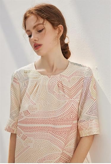 Robe décontractée à manches courtes et col en V pour femme en sergé de soie 100 % imprimé