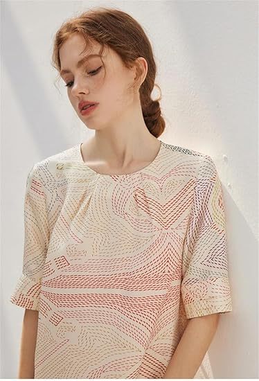 Robe décontractée à manches courtes et col en V pour femme en sergé de soie 100 % imprimé