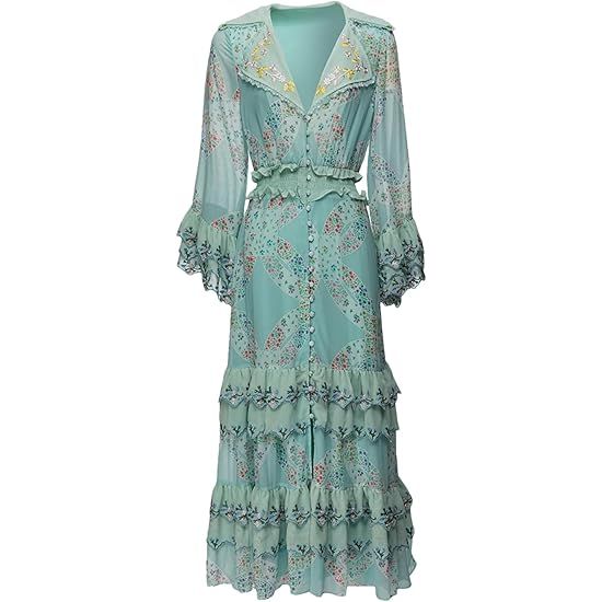 Robe à volants brodée de fleurs à revers pour femme