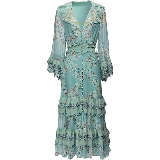 Robe à volants brodée de fleurs à revers pour femme