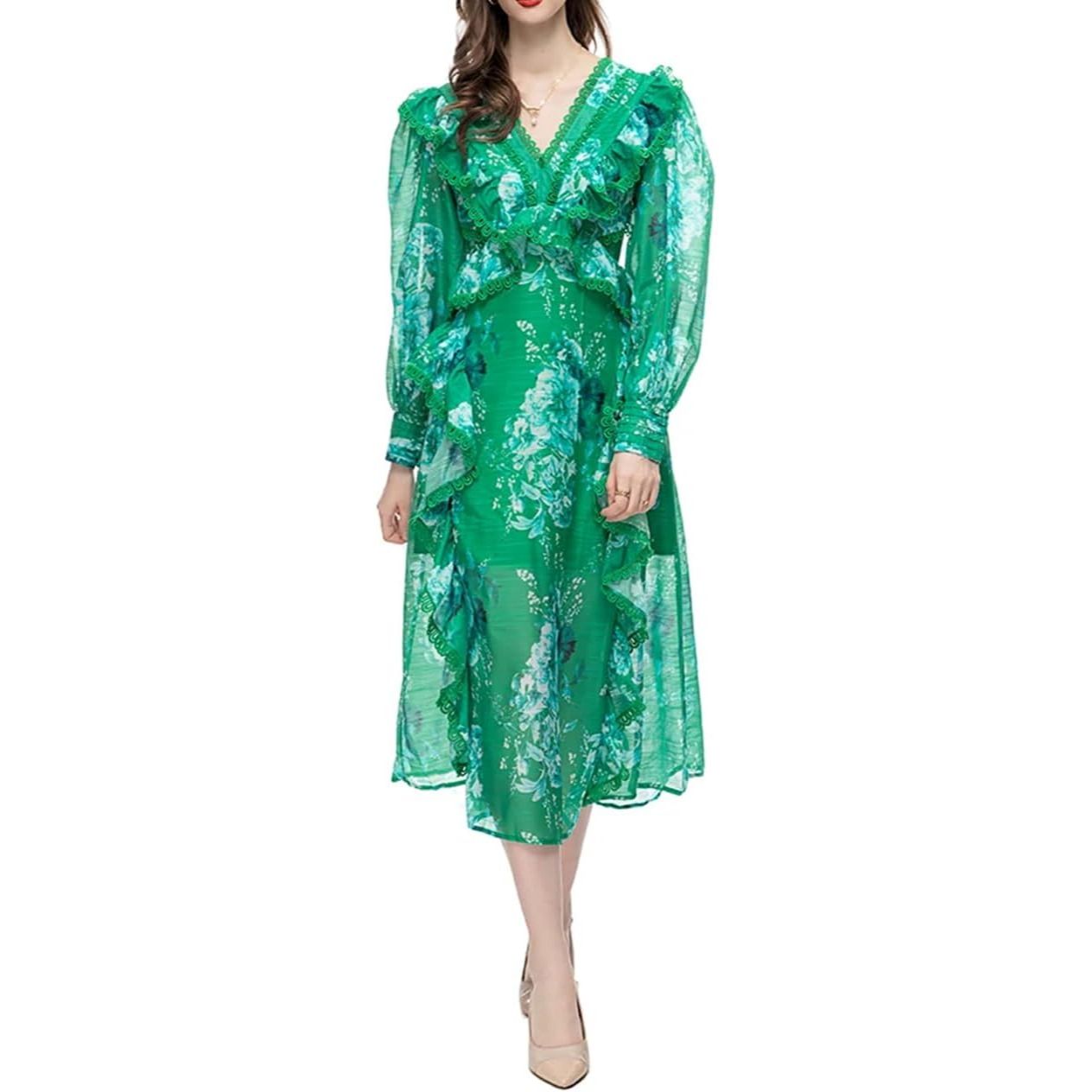 Robe ample plissée taille haute à col en V pour femme